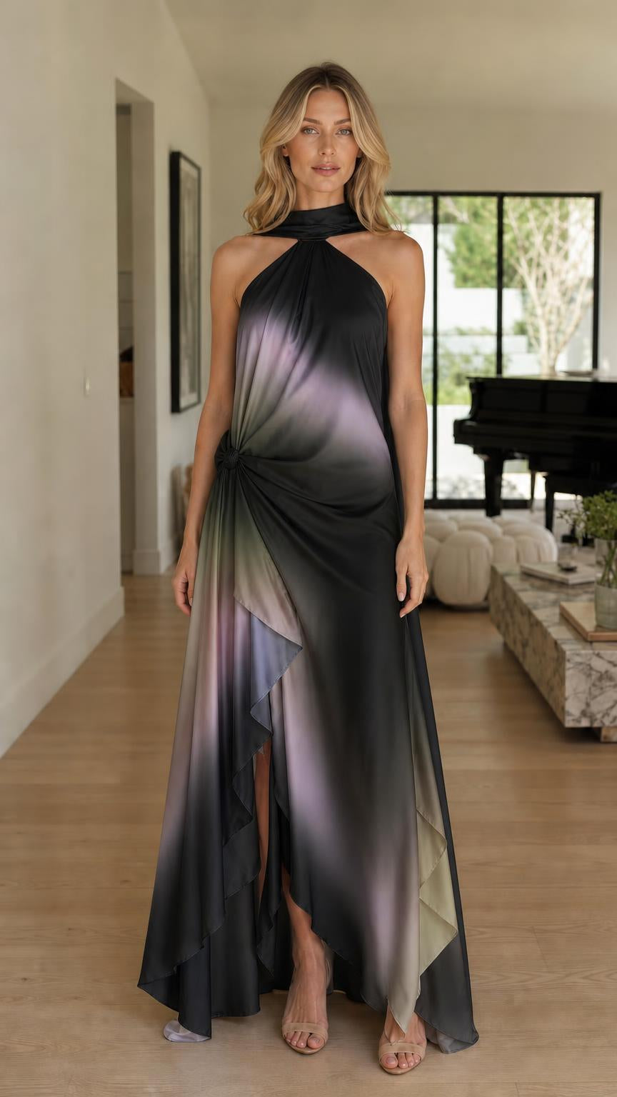Model wearing black ombre halter maxi dress