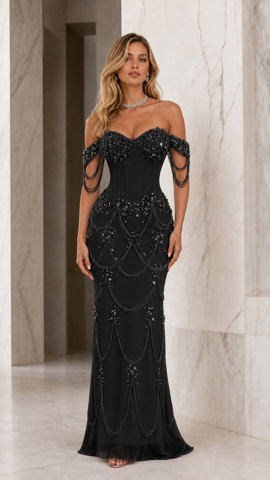 Front view of black beaded corset mermaid evening dress