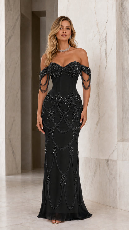 Front view of black beaded corset mermaid evening dress