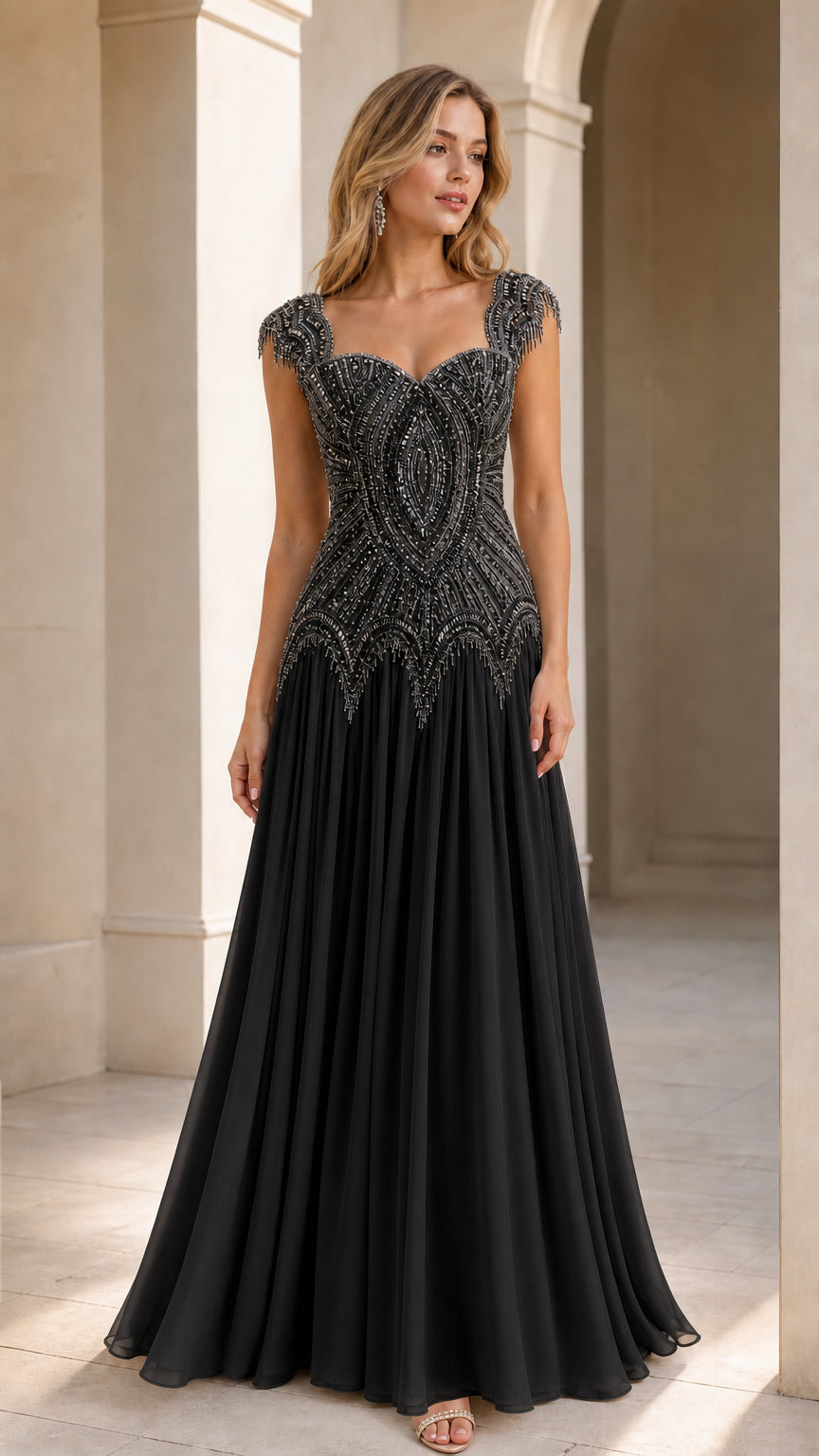Black embellished sweetheart floor-length evening gown