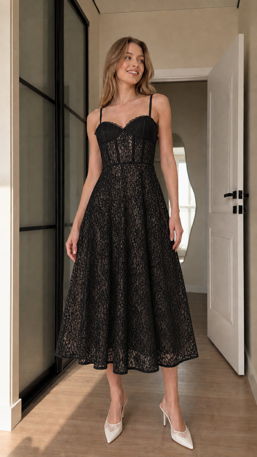 Model wearing black floral lace corset midi dress