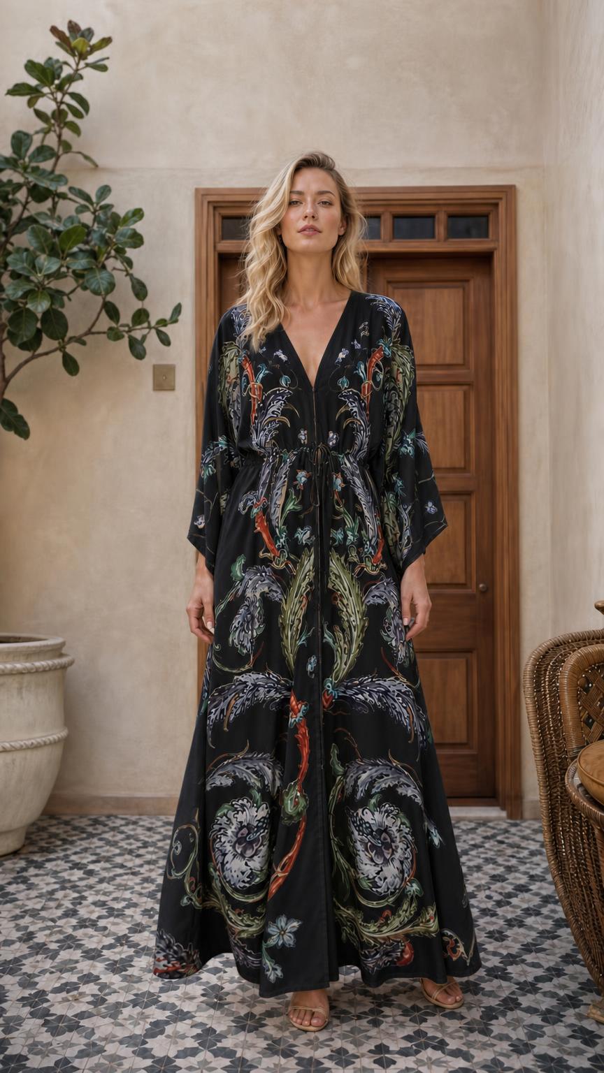 Model wearing black boho floral maxi dress