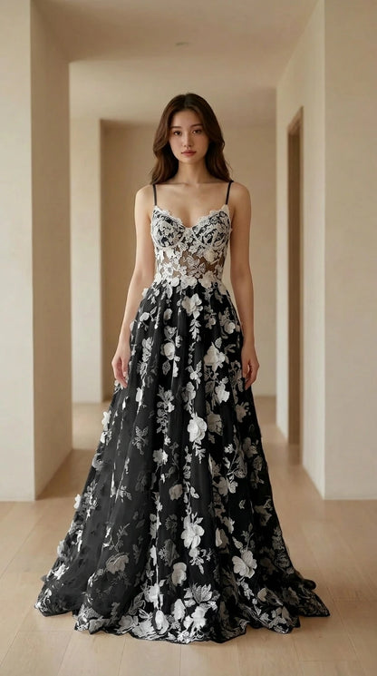 Front view of Black floral evening dress