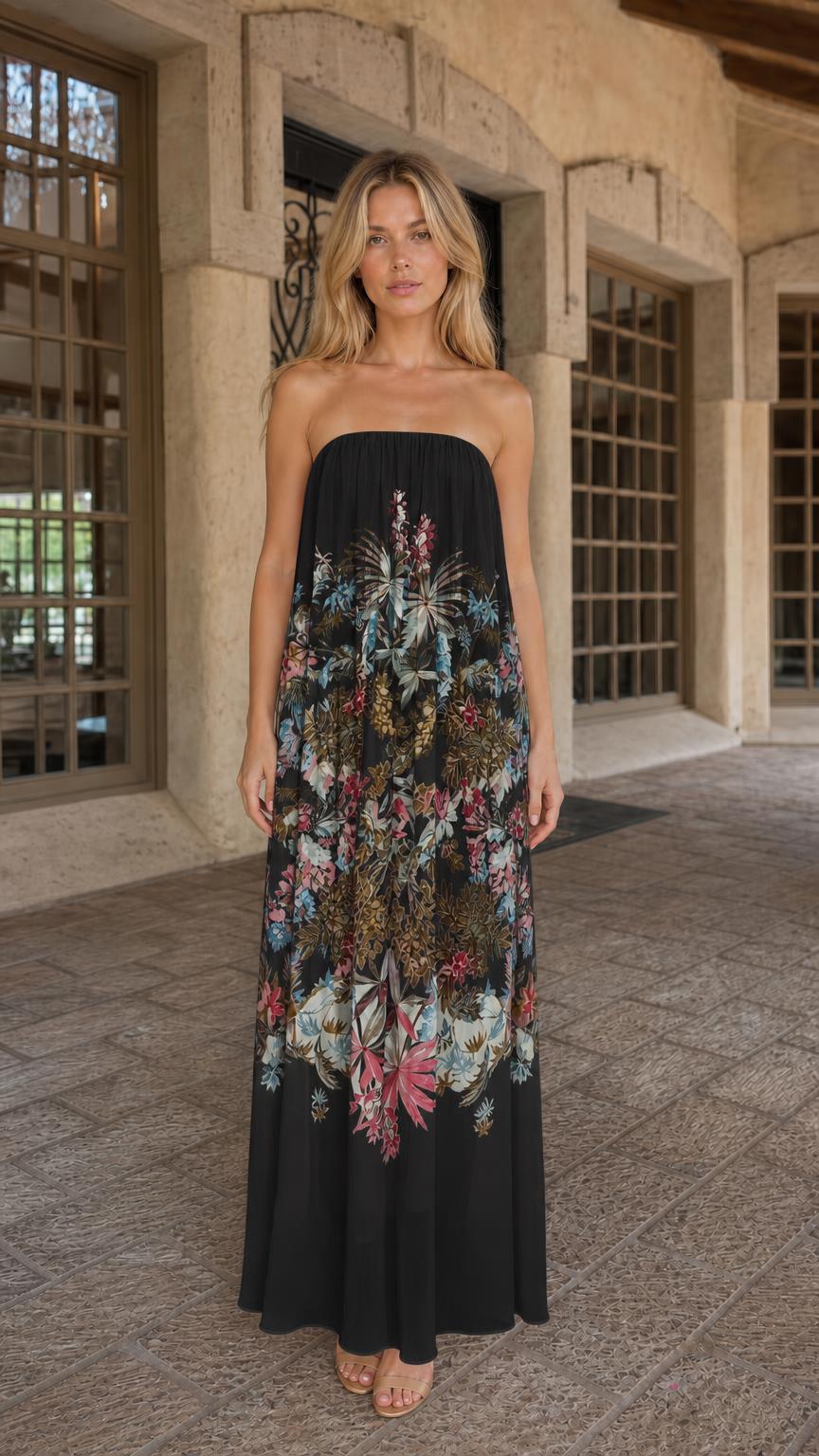 Front view of model wearing black floral strapless maxi dress
