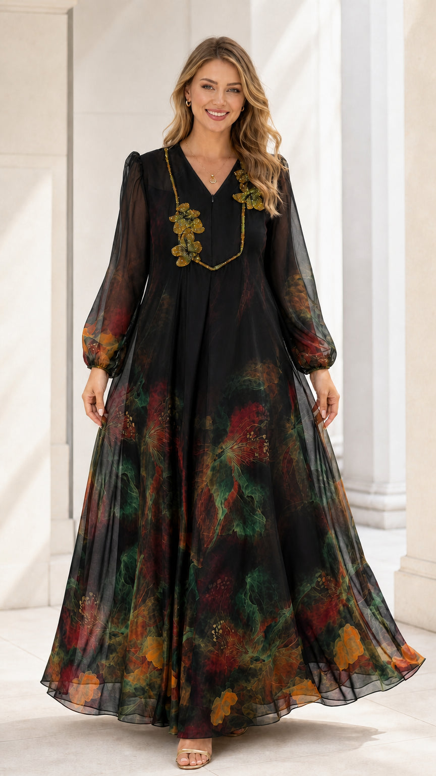Black watercolor print long sleeve chiffon maxi dress on model