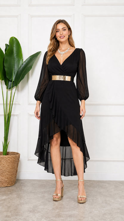 Black long sleeve V-neck high-low cocktail dress with gold waist detail