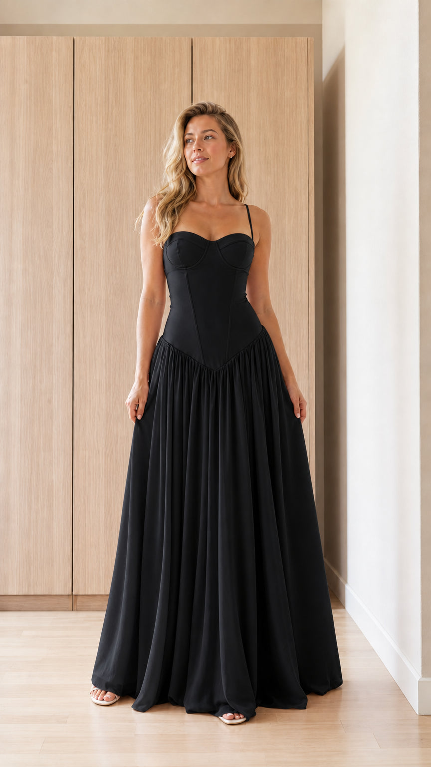 Front view of black bustier maxi dress