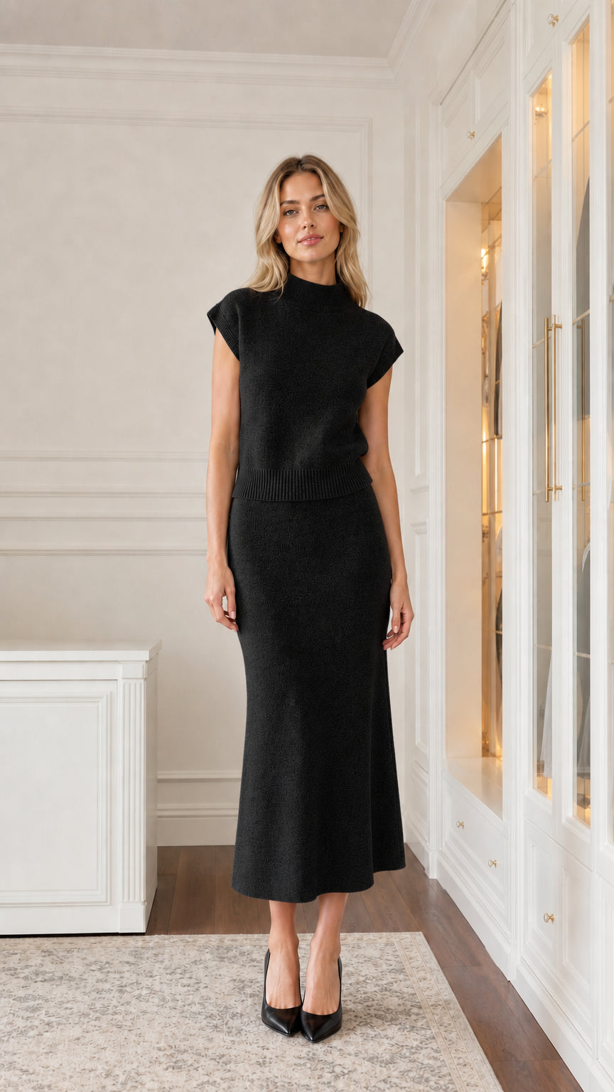 Front view of woman wearing black knit two-piece set