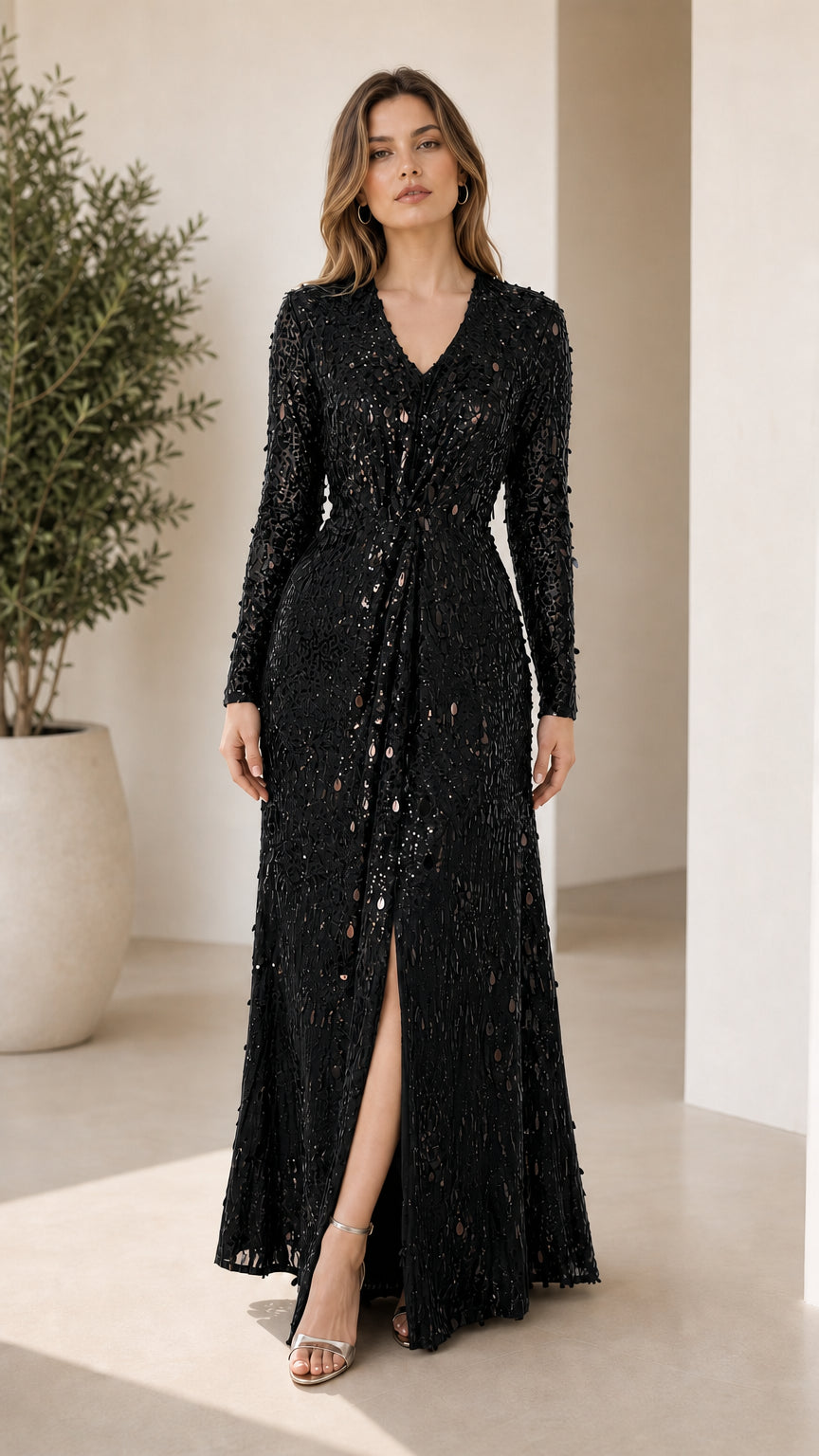 Front view of black sequin maxi dress