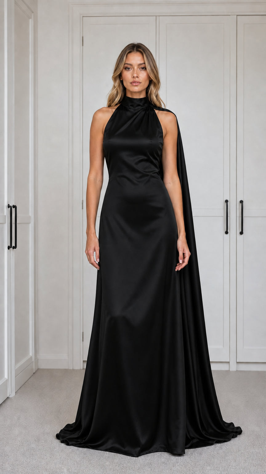 Black Satin Mock Neck Maxi Dress front view