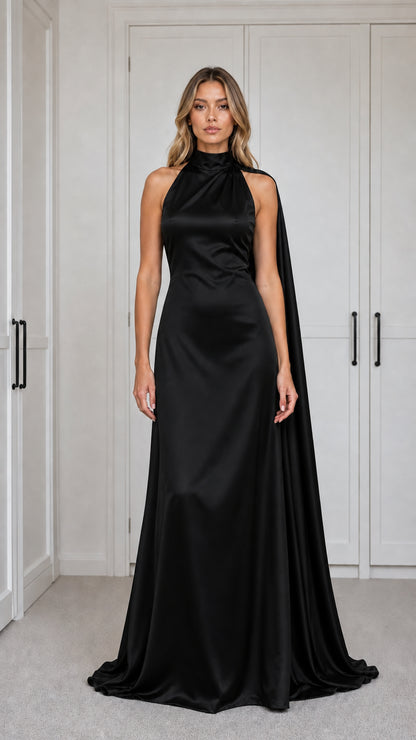Black Satin Mock Neck Maxi Dress front view