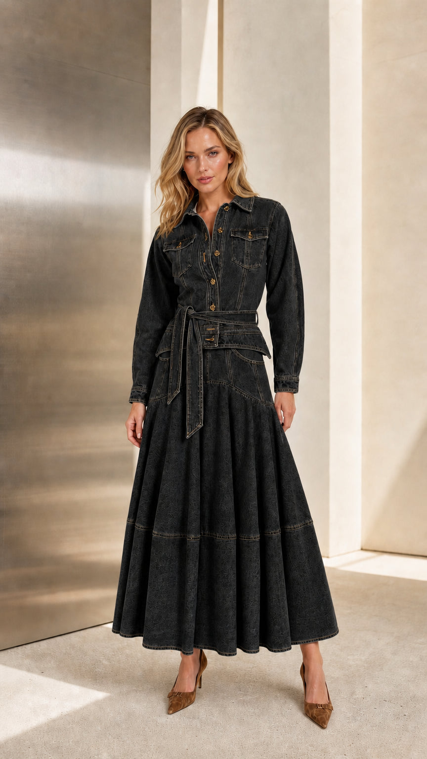 Front view of model wearing Washed Black long sleeve belted denim maxi dress