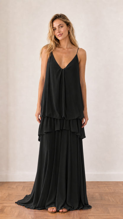 Model wearing Black tiered ruffle V-neck cami maxi dress