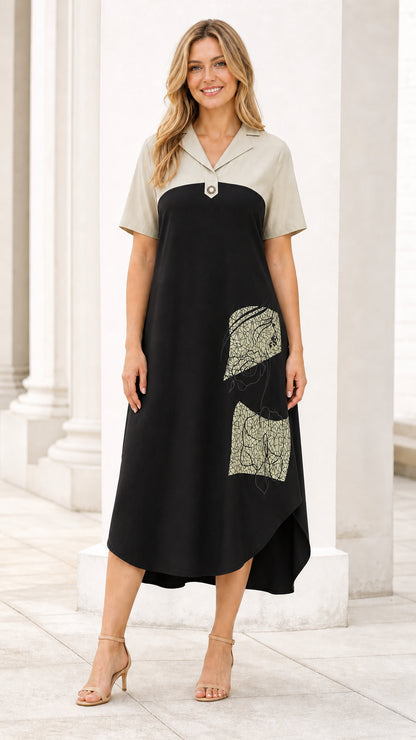 Black colorblock midi dress front view