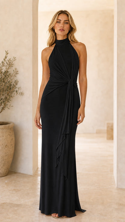 Black halter neck backless draped maxi evening gown
