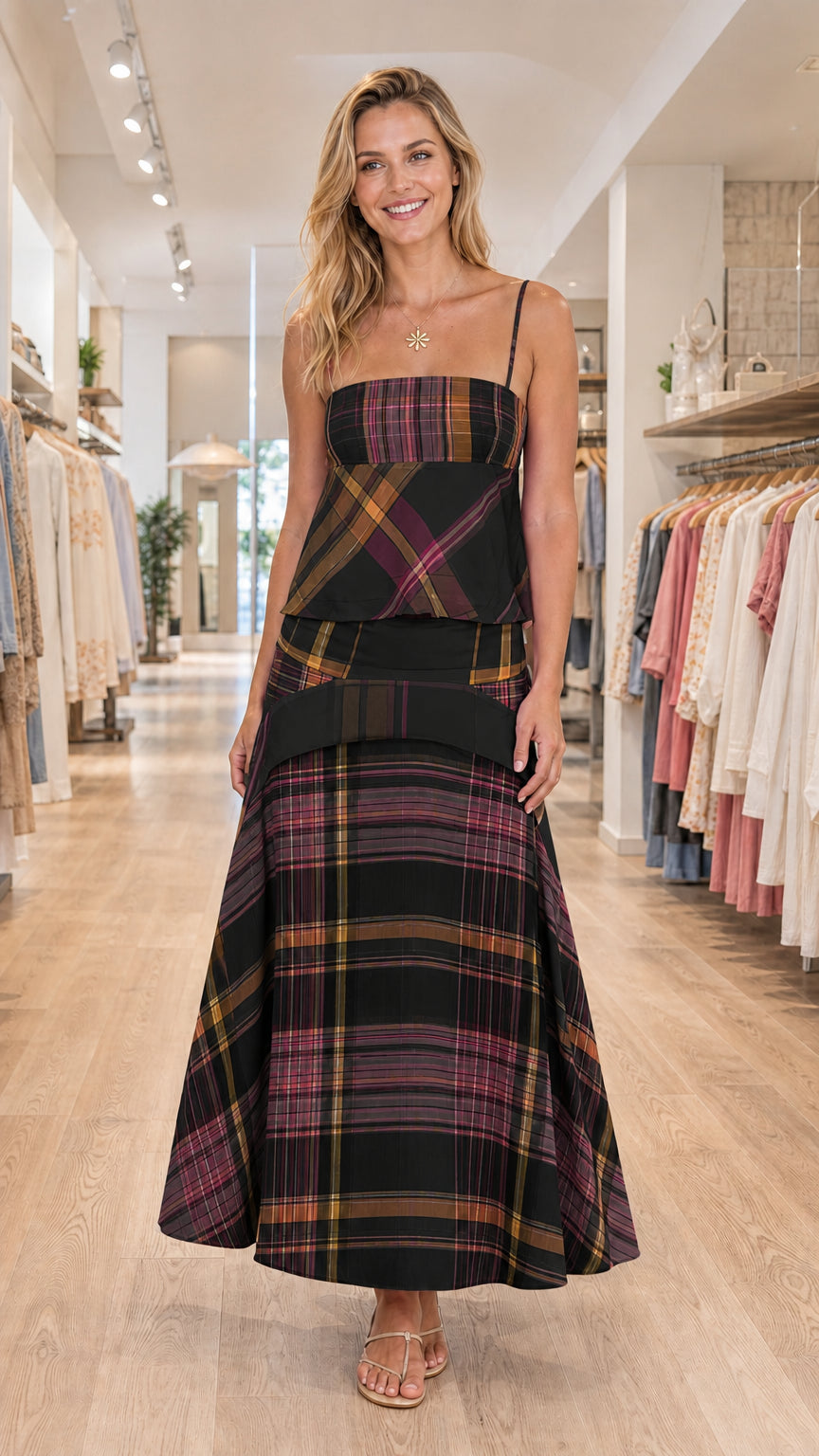 Model wearing black plaid two-piece set
