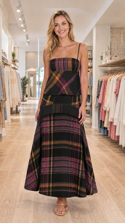 Model wearing black plaid two-piece set