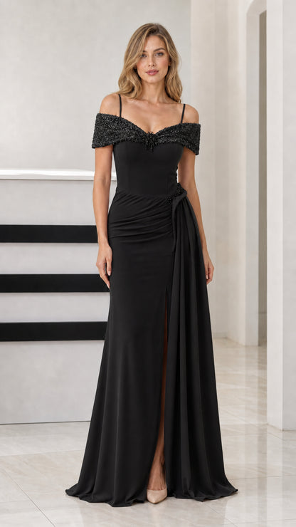 Front view of black off-the-shoulder beaded formal evening gown with slit