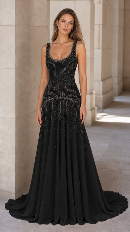 Front view of black beaded evening gown