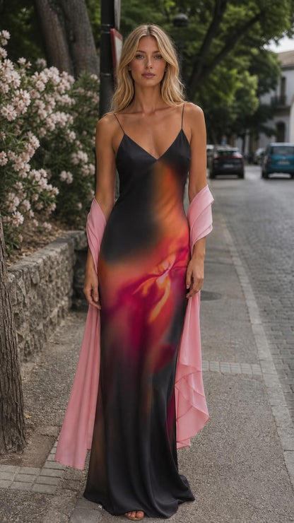 Front view of black ombre maxi slip dress with pink shawl