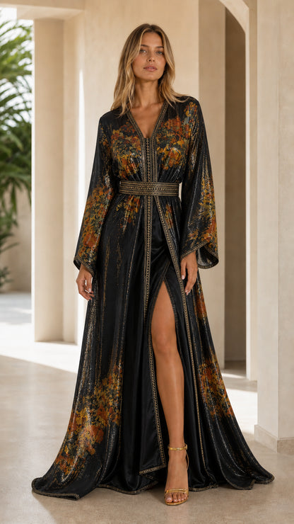 Black and gold metallic floral embroidered kaftan maxi dress with front slit