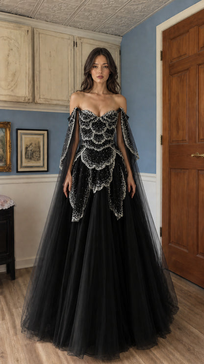 Front view of black color variant with contrasting silver beadwork
