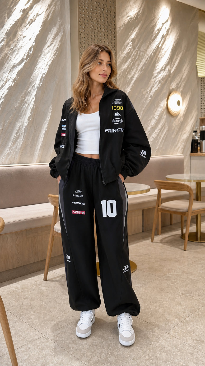 Model wearing black graphic racing tracksuit set with white sneakers