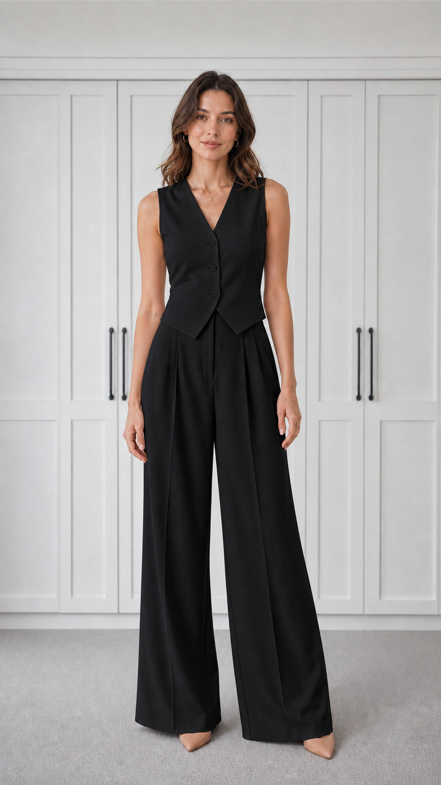 Woman wearing black tailored vest and wide-leg pants set