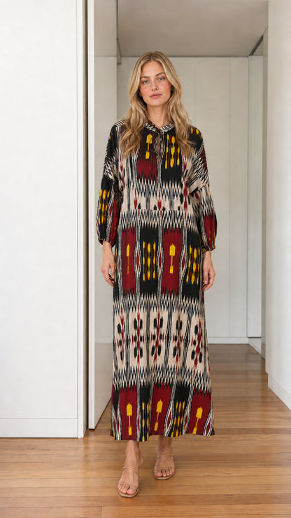 Front view of black printed maxi dress variant