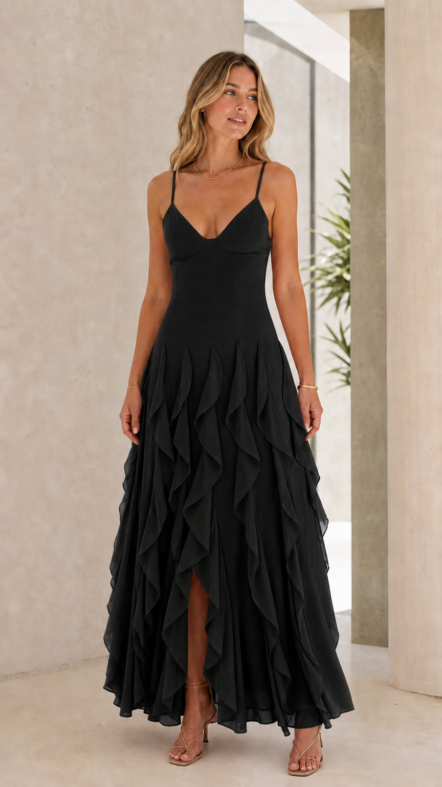 Model wearing Black ruffle chiffon maxi dress