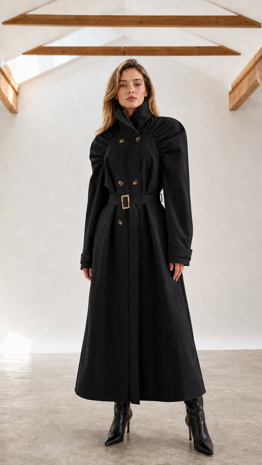 Front full-length view of woman wearing black ruched shoulder maxi trench coat