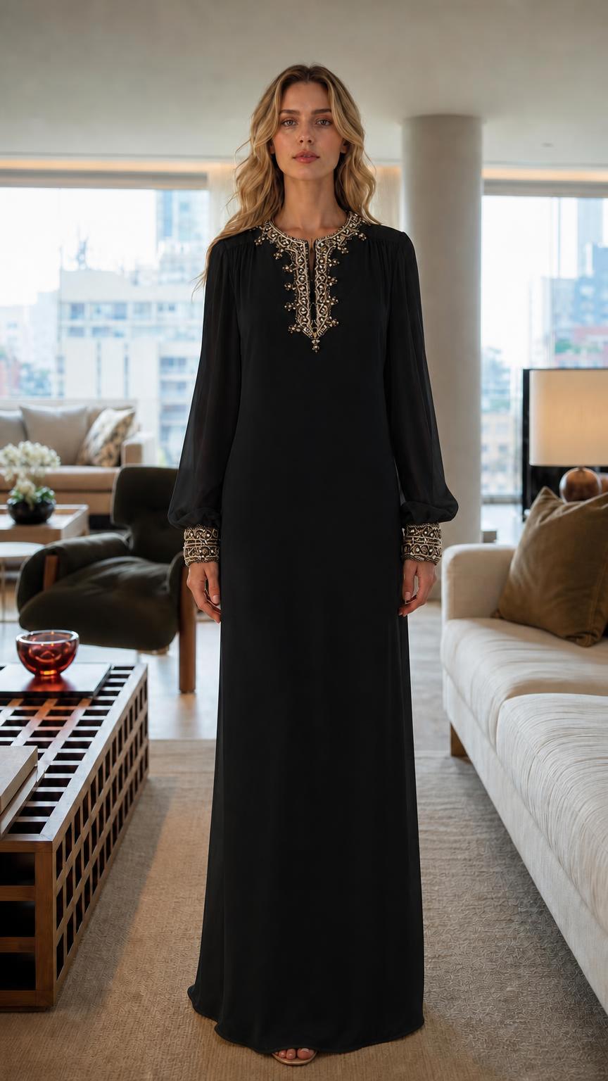 Front view of woman wearing black embroidered long sleeve maxi dress