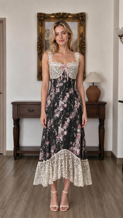 Front view of black floral lace midi dress