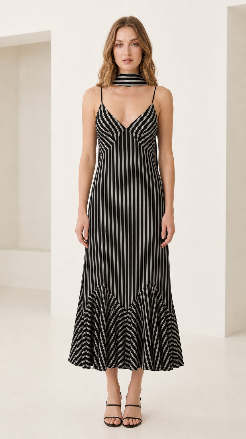 Front view of model in black striped cami maxi dress