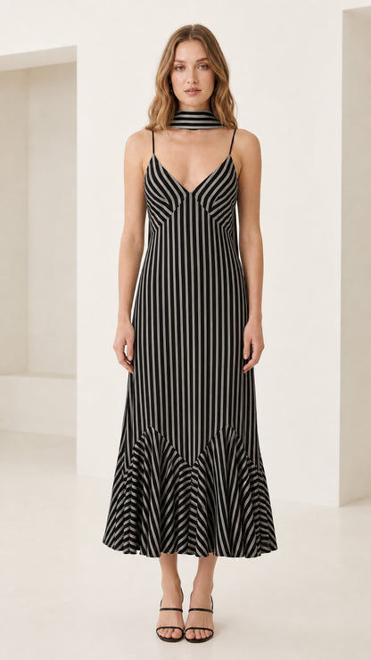 Front view of model in black striped cami maxi dress