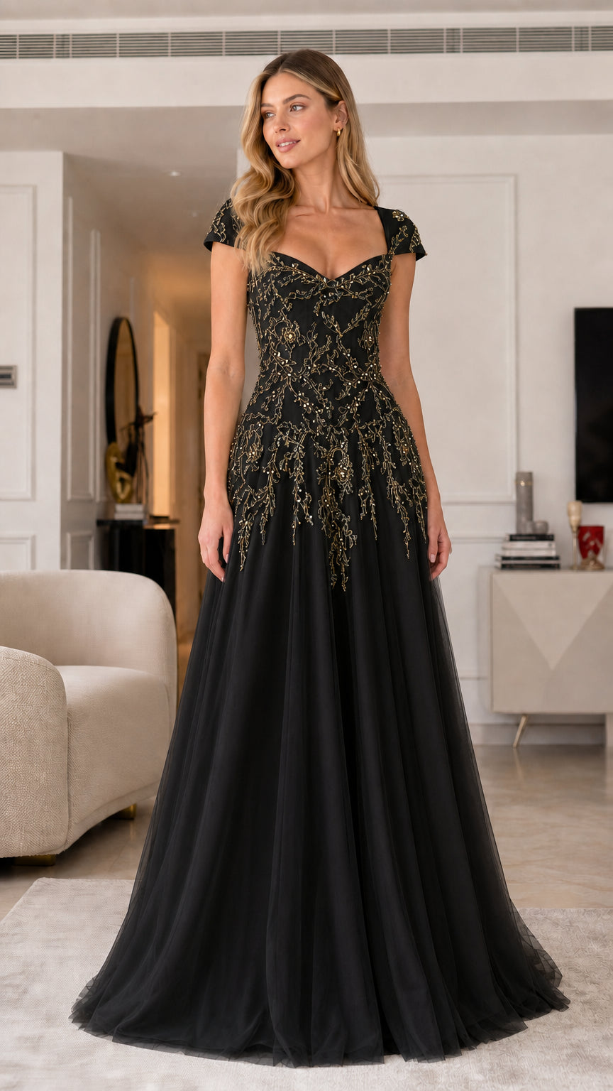 Black variant of the embroidered tulle evening gown