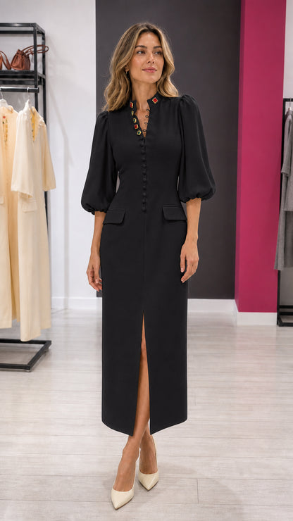 Elegance Gem-Button Midi Dress in Black