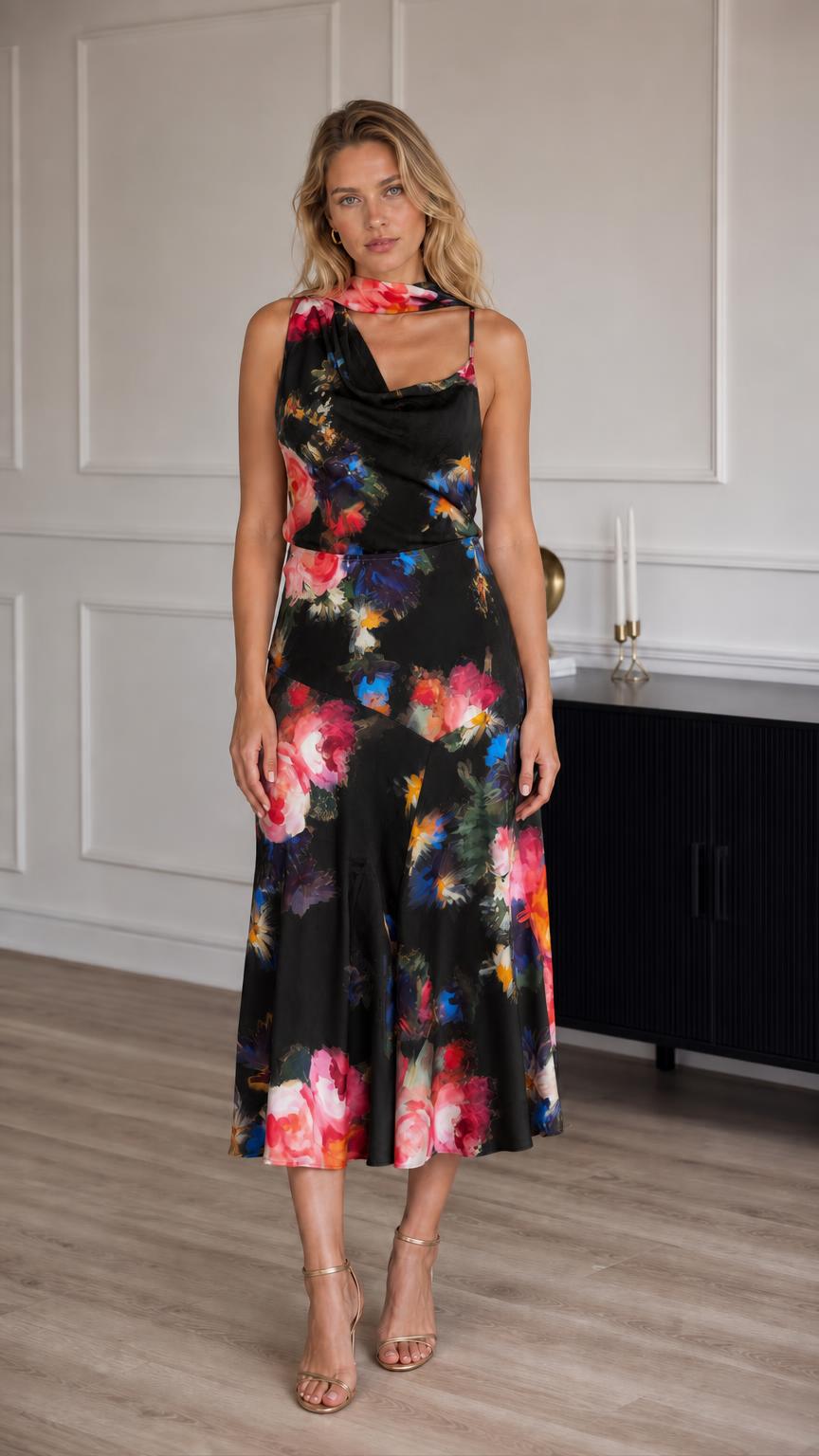 Model wearing black floral print satin midi dress