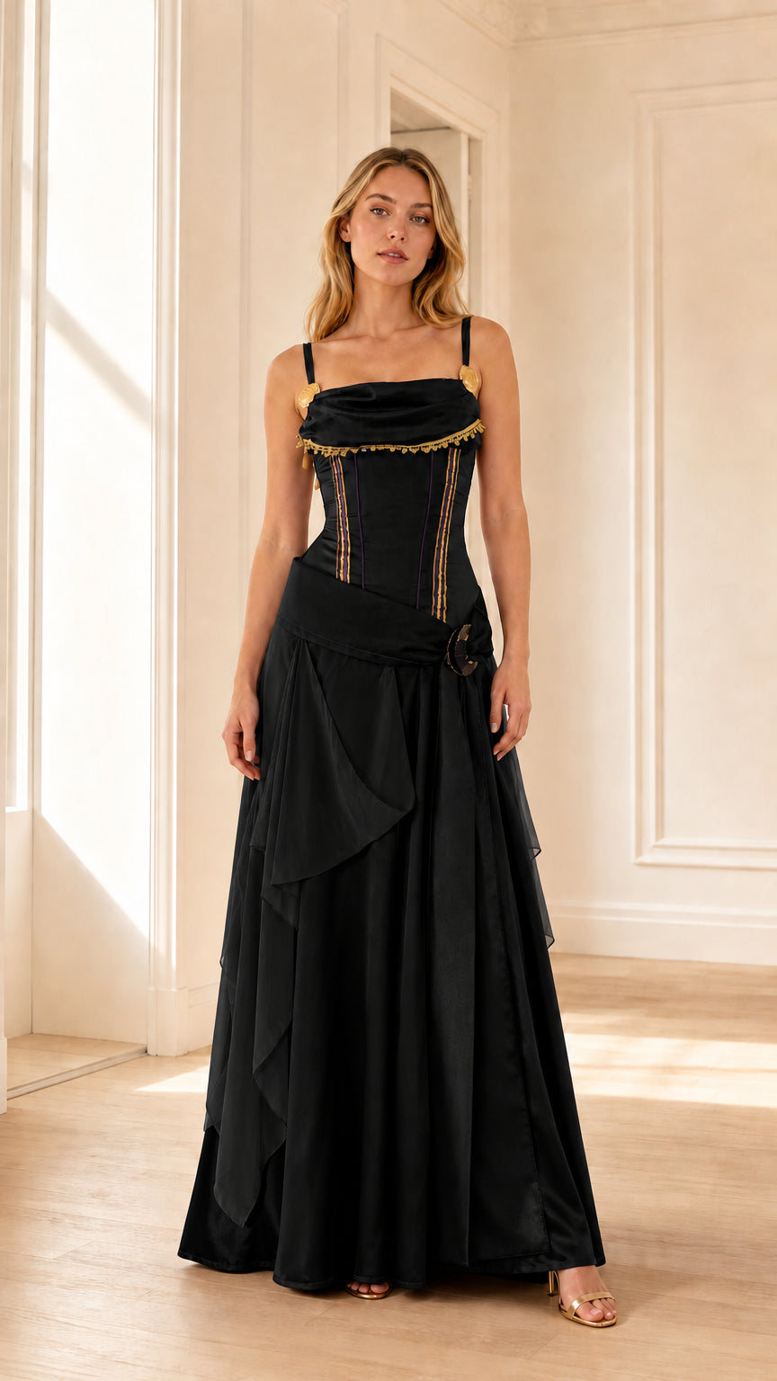 Full-length view of woman wearing black Renaissance corset maxi dress
