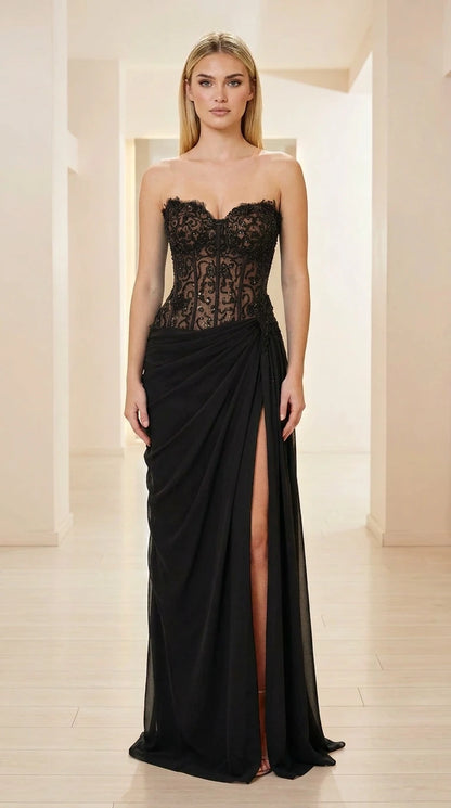 Front view of black strapless corset evening gown