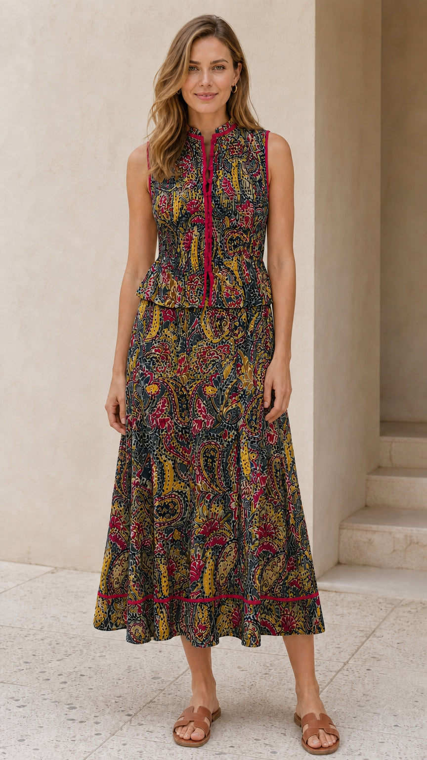 Front view of black multi paisley print midi dress