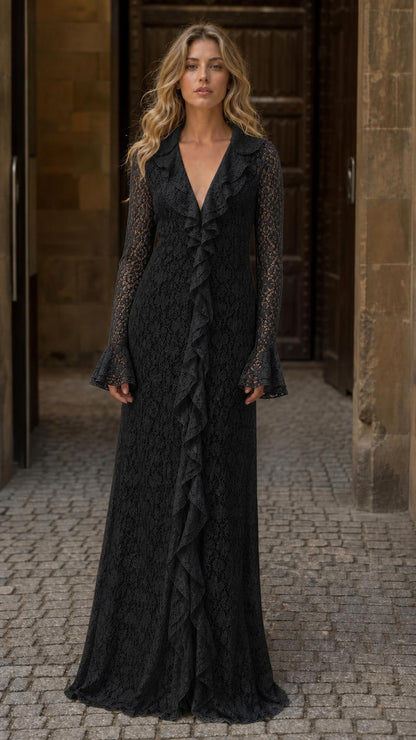 Front full view of woman wearing black lace maxi dress