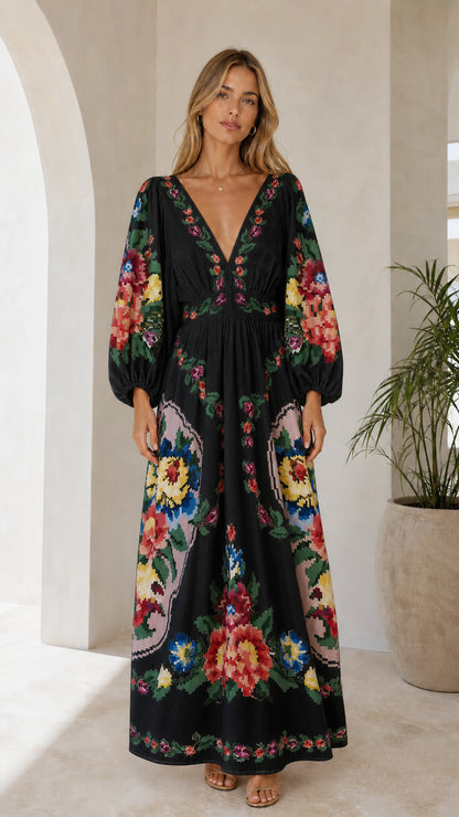 Front view of black floral embroidered maxi dress