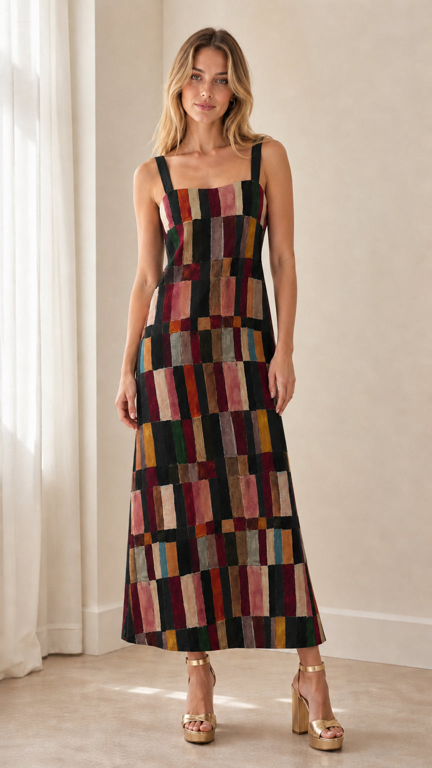 Front view of woman wearing Black Multi geometric square neck sleeveless maxi dress