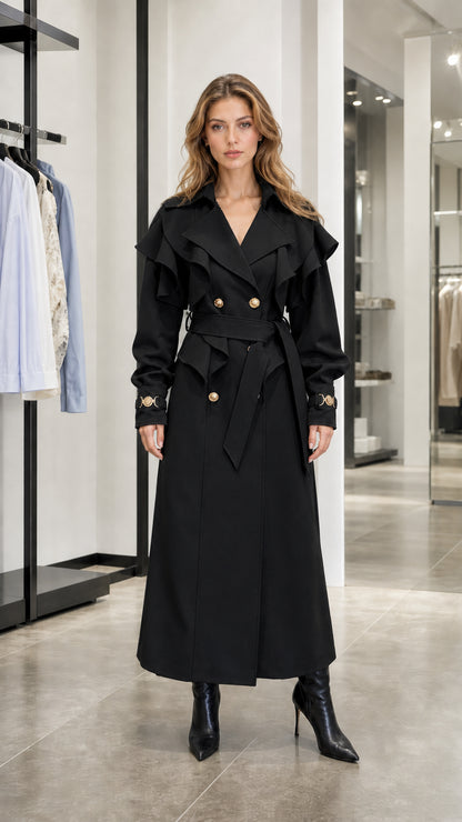 Front view of woman in black ruffle long trench coat