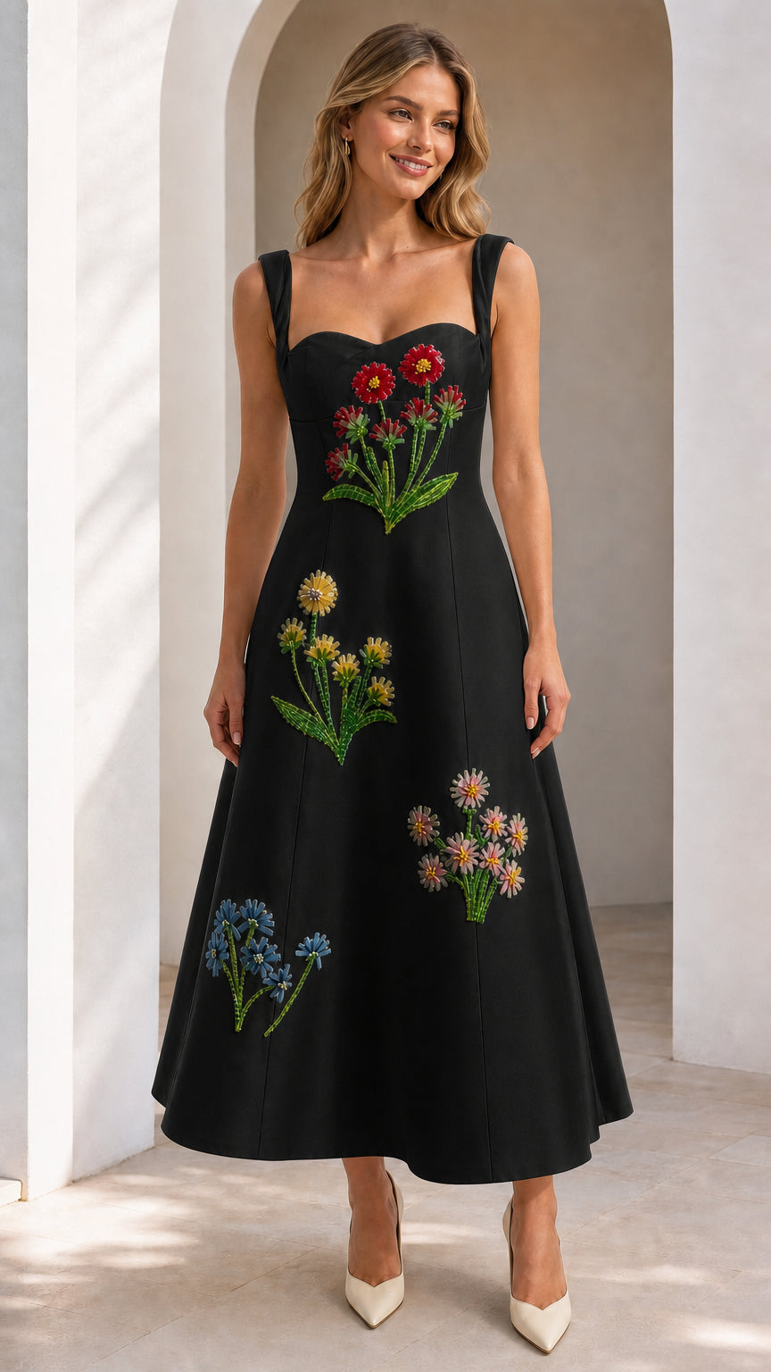 Front view of black embroidered floral midi dress