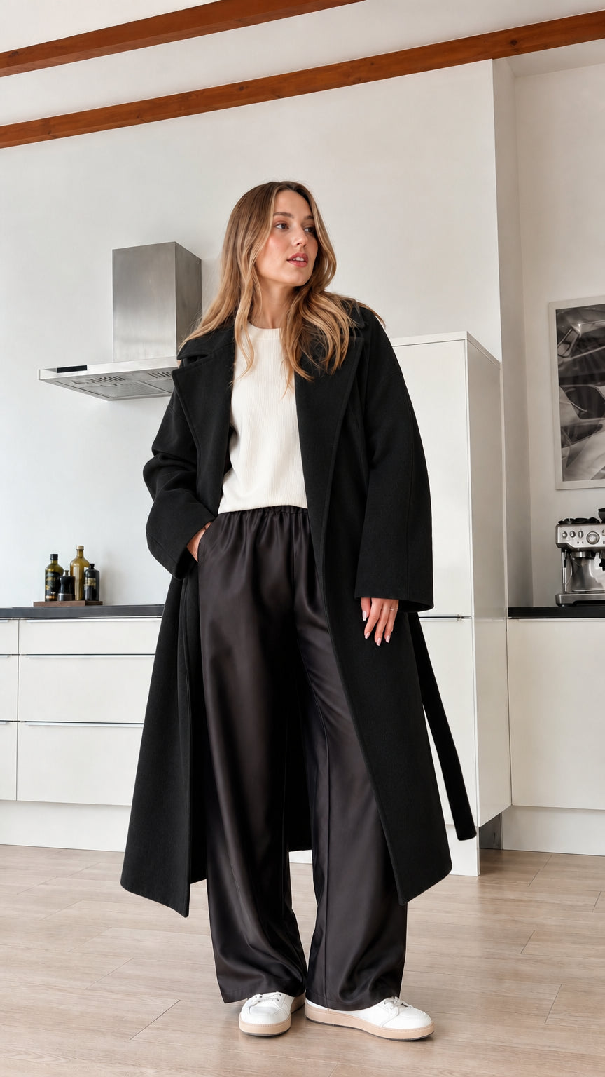 Model wearing black longline belted overcoat