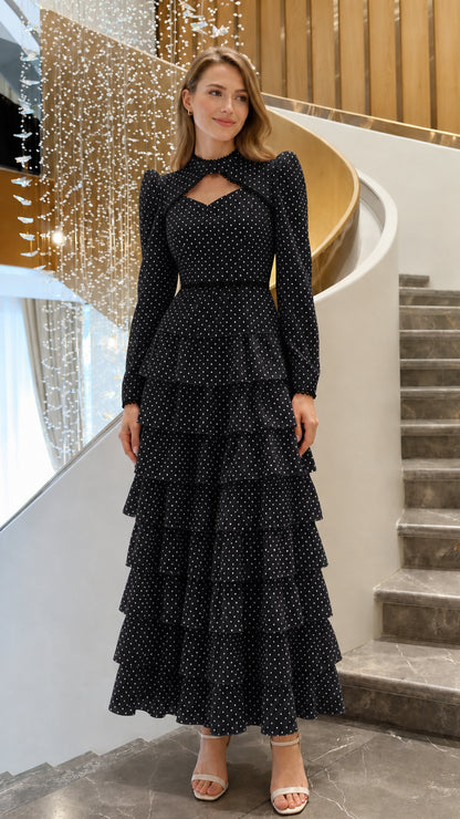 Black polka dot tiered long sleeve maxi dress with contrast lace trim