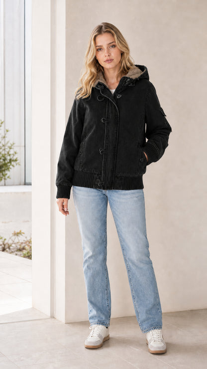 Front full view of the jacket in black color