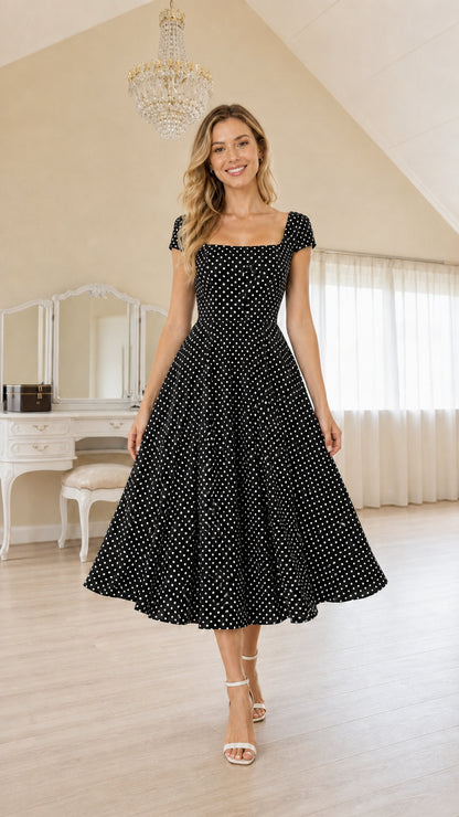 Model wearing Black polka dot midi dress